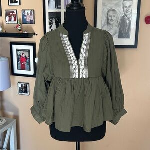 Banana Republic Khaki Blouse with Cream Accents